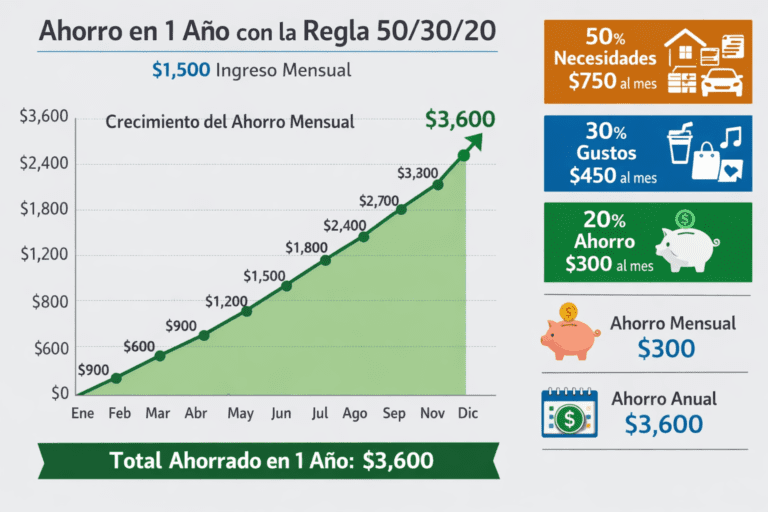 Gráfico de ahorro en un año con la regla 50/30/20 mostrando un ingreso mensual de $1,500 y un ahorro acumulado de $3,600