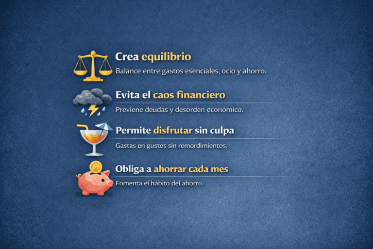 Infografía de beneficios de la regla 50/30/20 mostrando equilibrio financiero, evitar deudas, disfrutar sin culpa y ahorrar cada mes