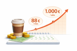 "Gráfico minimalista mostrando el impacto de gastar 4 € diarios en café: 88 € al mes y más de 1.000 € al año, ilustrando un gasto hormiga en finanzas personales"