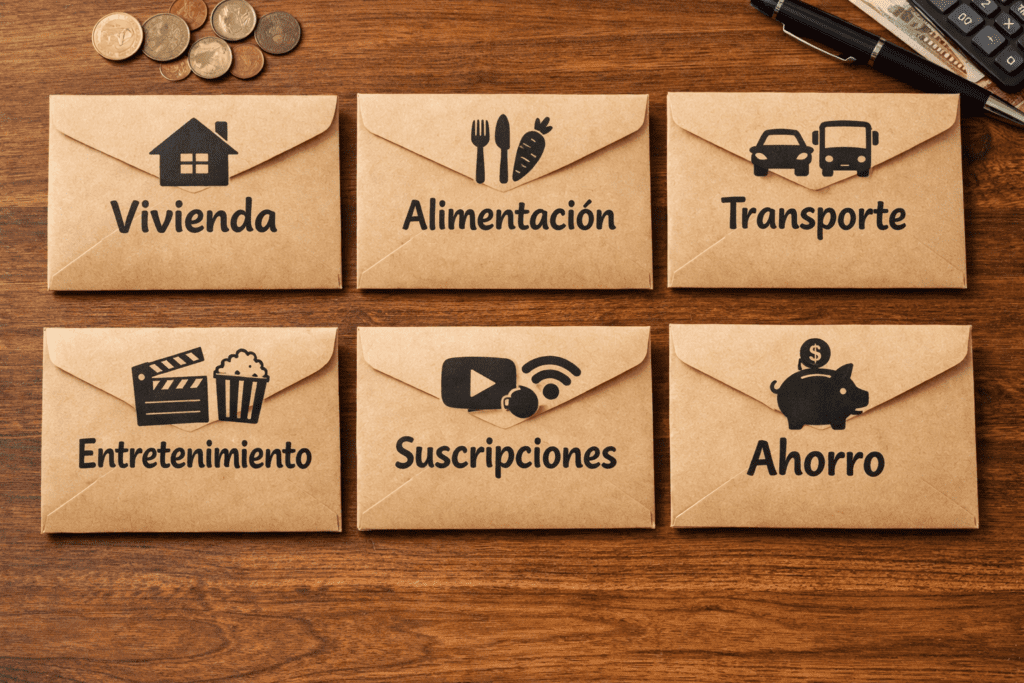 Seis sobres del método de ahorro de los sobres etiquetados como vivienda, alimentación, transporte, entretenimiento, suscripciones y ahorro